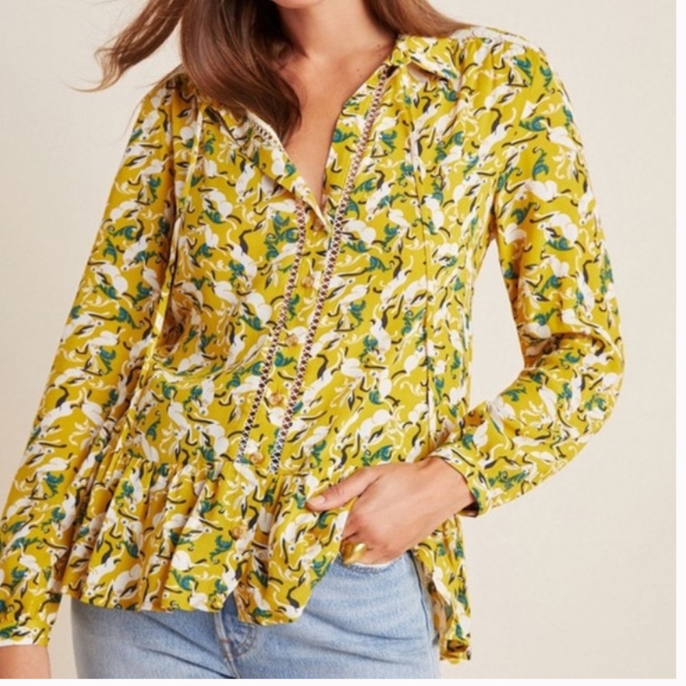 Maeve by Anthropologie Bunny Rabbit Print Janie Flounced Peasant Blouse